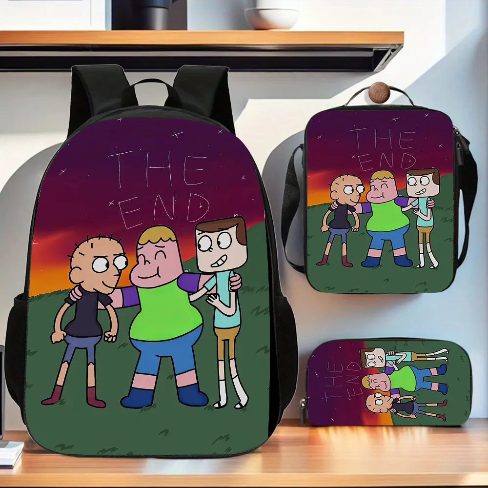 3-Piece Kids Water Resistant Backpack Set, Clarence Three Best Friends Sunset Grass THE END Cartoon Print School Kit Backpack Lunch Bag Pencil Case 600D Oxford Cartoon Animation Fans Elementary Daily Use