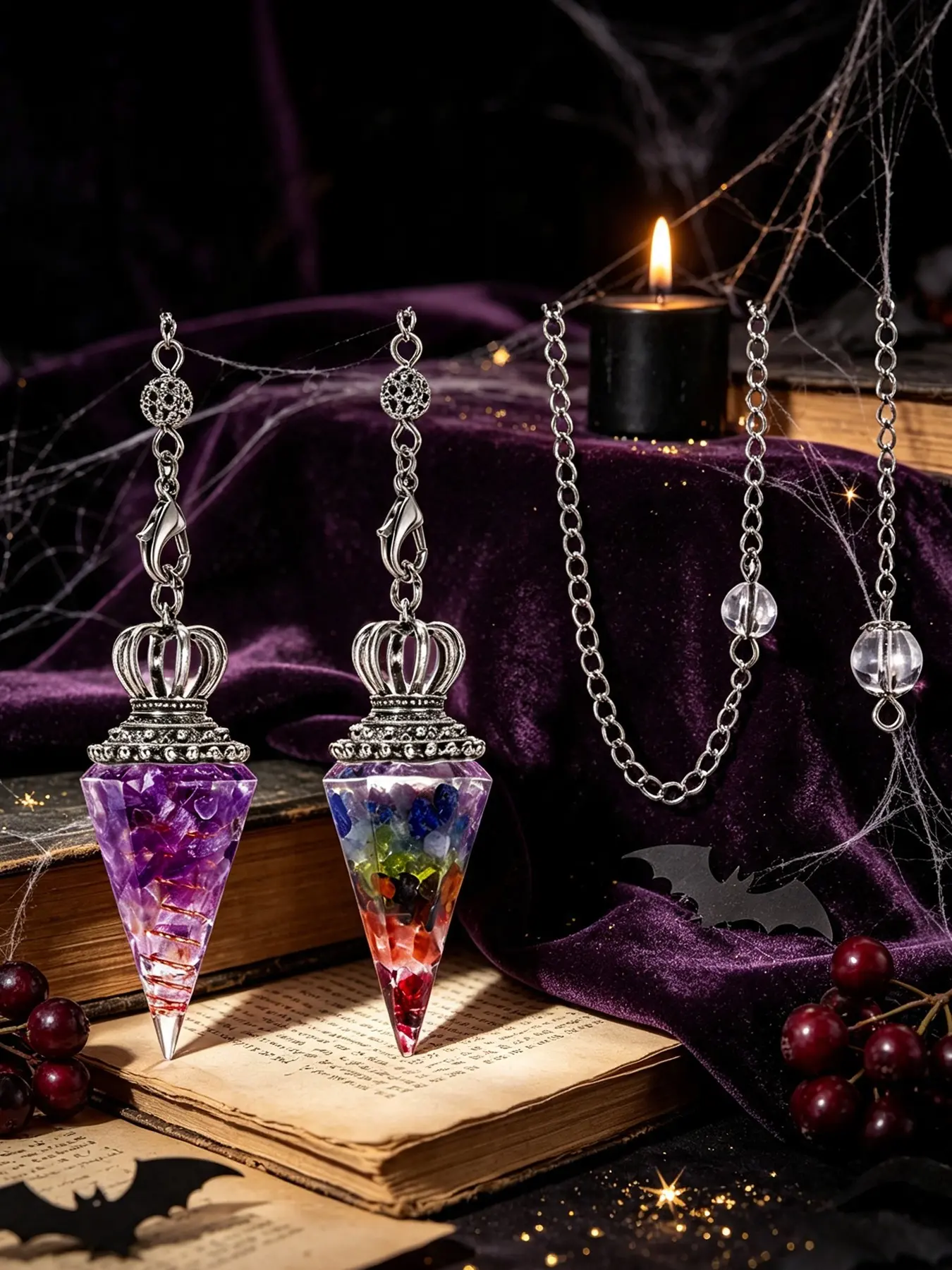2pcs/set Natural Crystal Crown Pendulum Resin Pendant, Amethyst Chakra Peace Happiness Symbol, Halloween Christmas Accessory, Witch Divination Tool