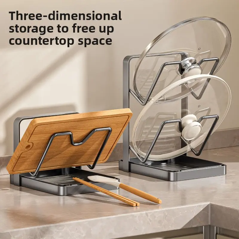 Multi-Tier Pot Lid & Cutting Board Organizer, Countertop Utensil Draining Rack
