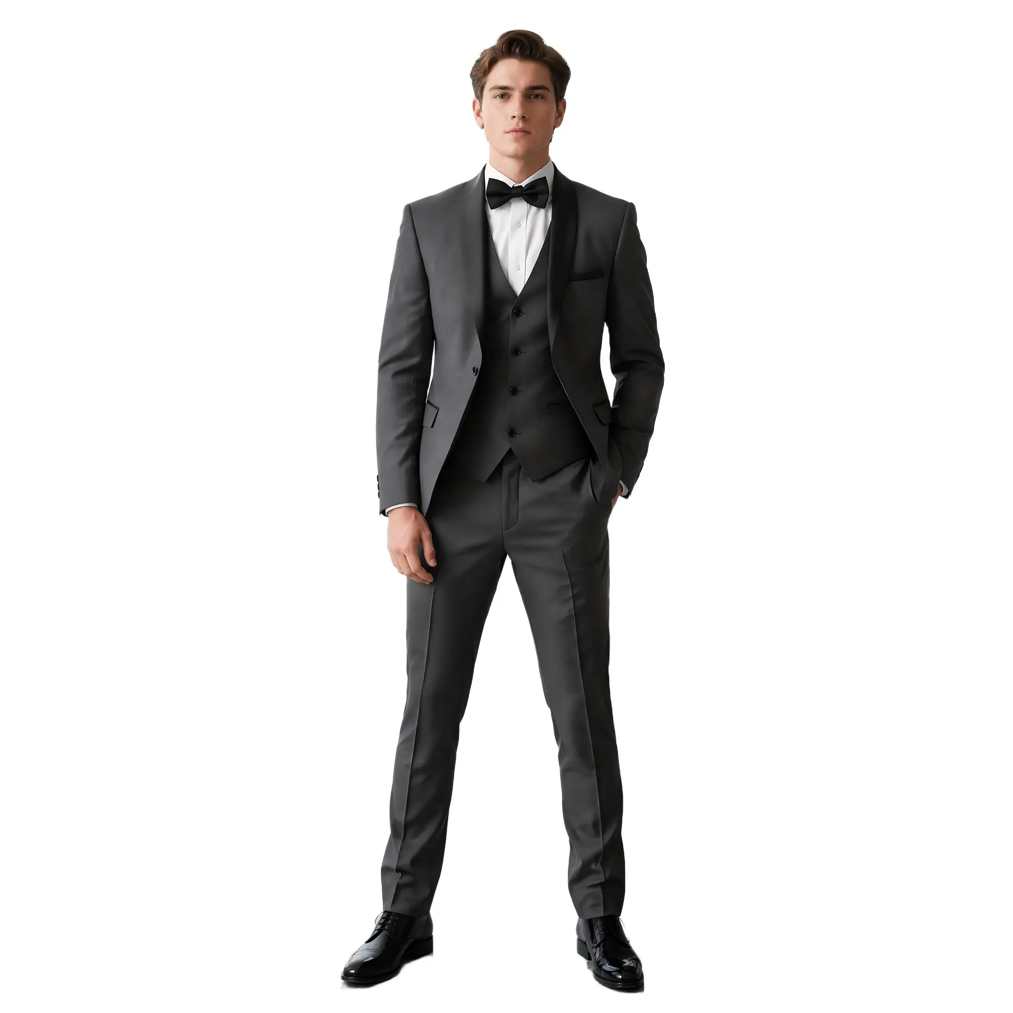 Men's Charcoal 3-Piece Satin Lapel Tuxedo Suit – Formal Blazer, Vest & Pants for Weddings & Gala Events, Comes with Free Necktie