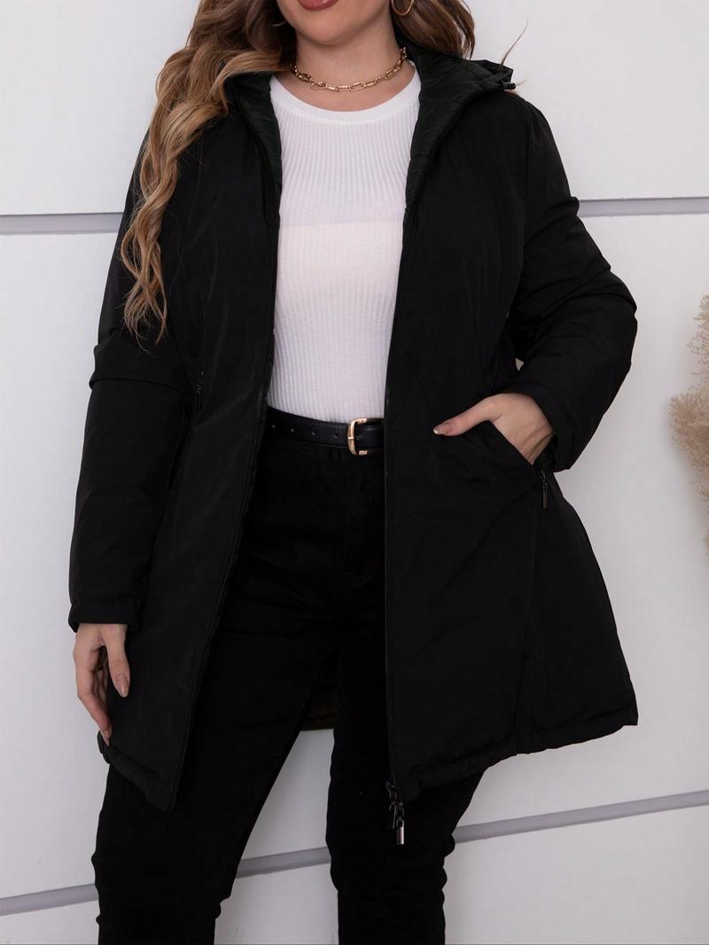 Women's Winter Hooded Jacket, Large Size, Double-Sided Pocket Cotton Coat, Casual Fitted Long Sleeve, Fall & Winter Commuter Wear