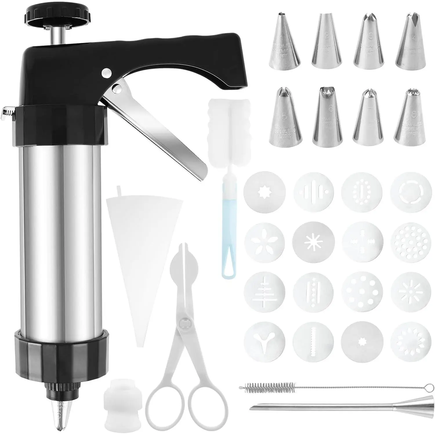 Stainless Steel Churro Maker Set Reusable Rust Proof Churros Maker Machine Multipurpose Cookie Press Maker With Ergonomic Handle for Churro Cookies Cupcakes Silver
