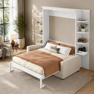 White Queen Size ARCH Murphy Wall Bed with Sofa - Space-Saving Indoor Bedroom Furniture, Easy-to-Use Mechanism, Home Gym Compatible, 600 lbs & 303.39 lbs Capacities, 86.9"L x 90.4"W x 87.6"H, 10 Inches Feature, Ages 12 and Up Compatible, Assembly Required