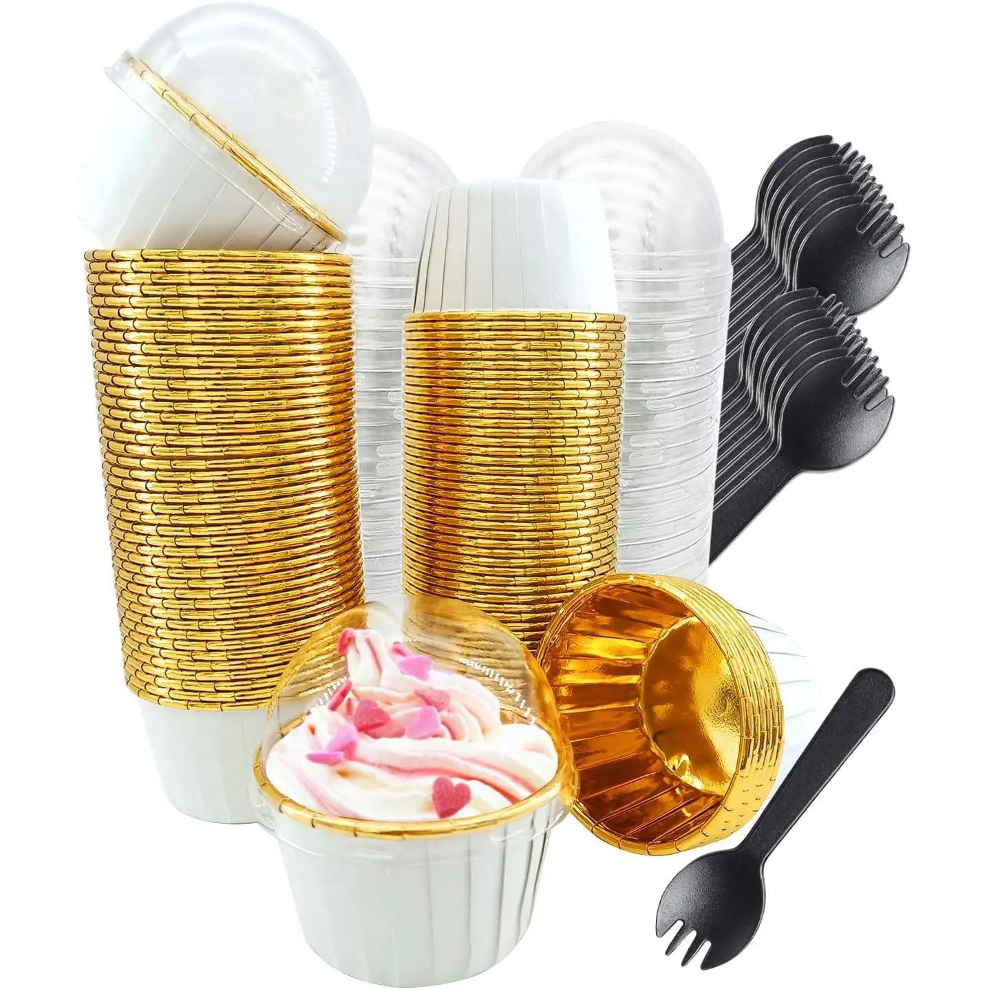 Cupcake Liners with Dome Lids 100Pack, 3.5Oz Mini Foil Baking Cups Muffin Liners, Disposable Ramekins Cupcake Tins Cupcake Wrappers for Wedding Birthday Party, with Spoons-White in Gold