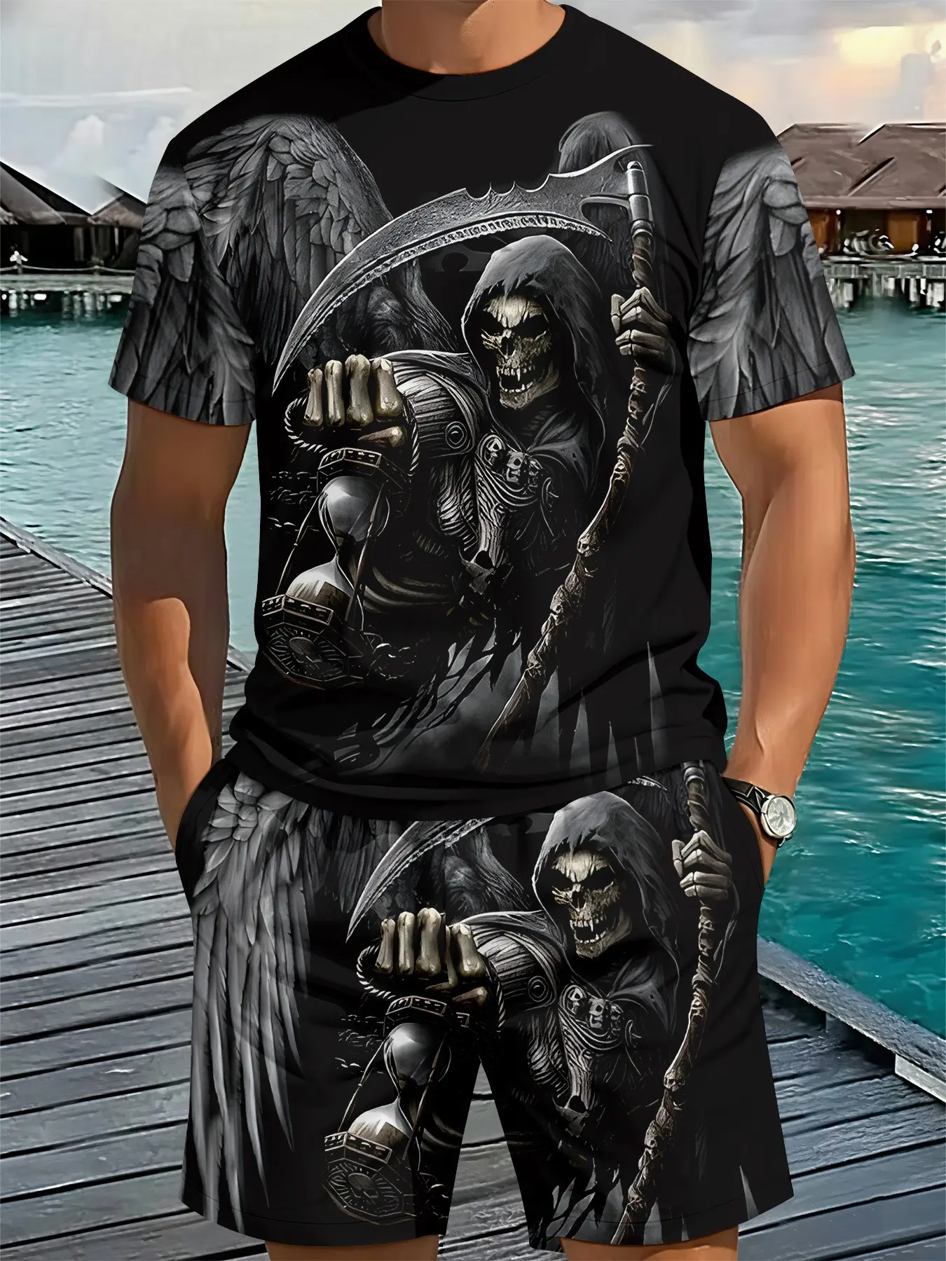 Men's Grim Reaper Print T-Shirt and Shorts Set Menswear, Casual Two-Piece Outfit with 3D Angel Wings and Scythe Pattern, Baggy All-Seasons Style