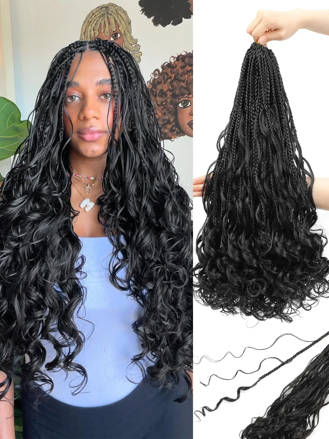 1 Pack French Curl Boho Crochet Braids 24 Inch Pre-Looped Soft Braiding Hair Extensions for Black Women, 40mm Root & 25mm End Curls, Goddess Box Braids Hair Extensions