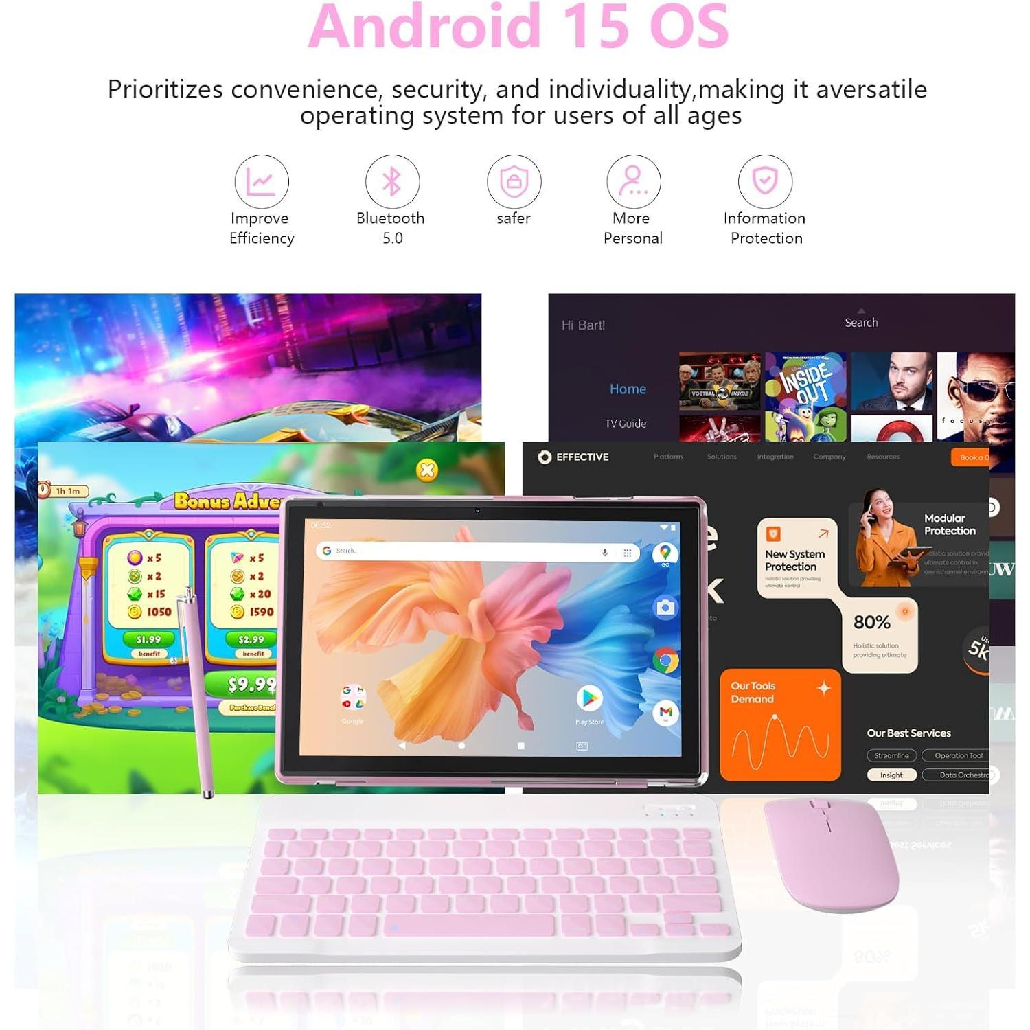 SUNDAY MIRTH Android 15.0 10Inches Tablet, 18GB RAM+128GB ROM+2TB Expandable, Tab Set with Keyboard/Case//Stylus, 2.0GHz Quad-core Processor, 1280 * 800 IPS HDScreen, 5G WiFi6 BT 5.0 ()