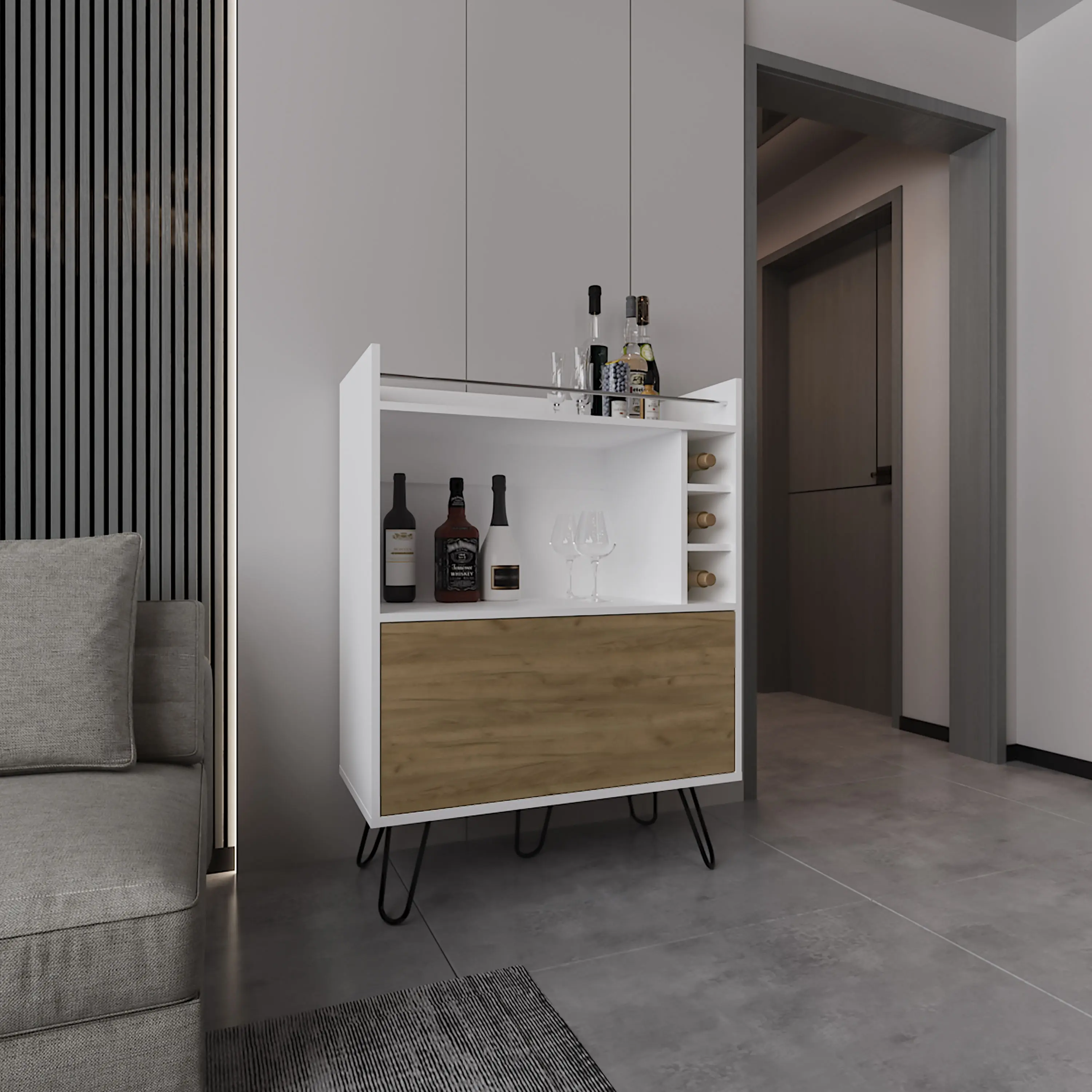 Nokaa Bar Cabinet with 1 Door and 4 Shelves, White and Natural Oak Finish, Engineered Wood, Compact Storage for Living Room, Home Bar, Bottles, Glassware, Bar Essentials, FSC Certified, CARB Phase II Compliant