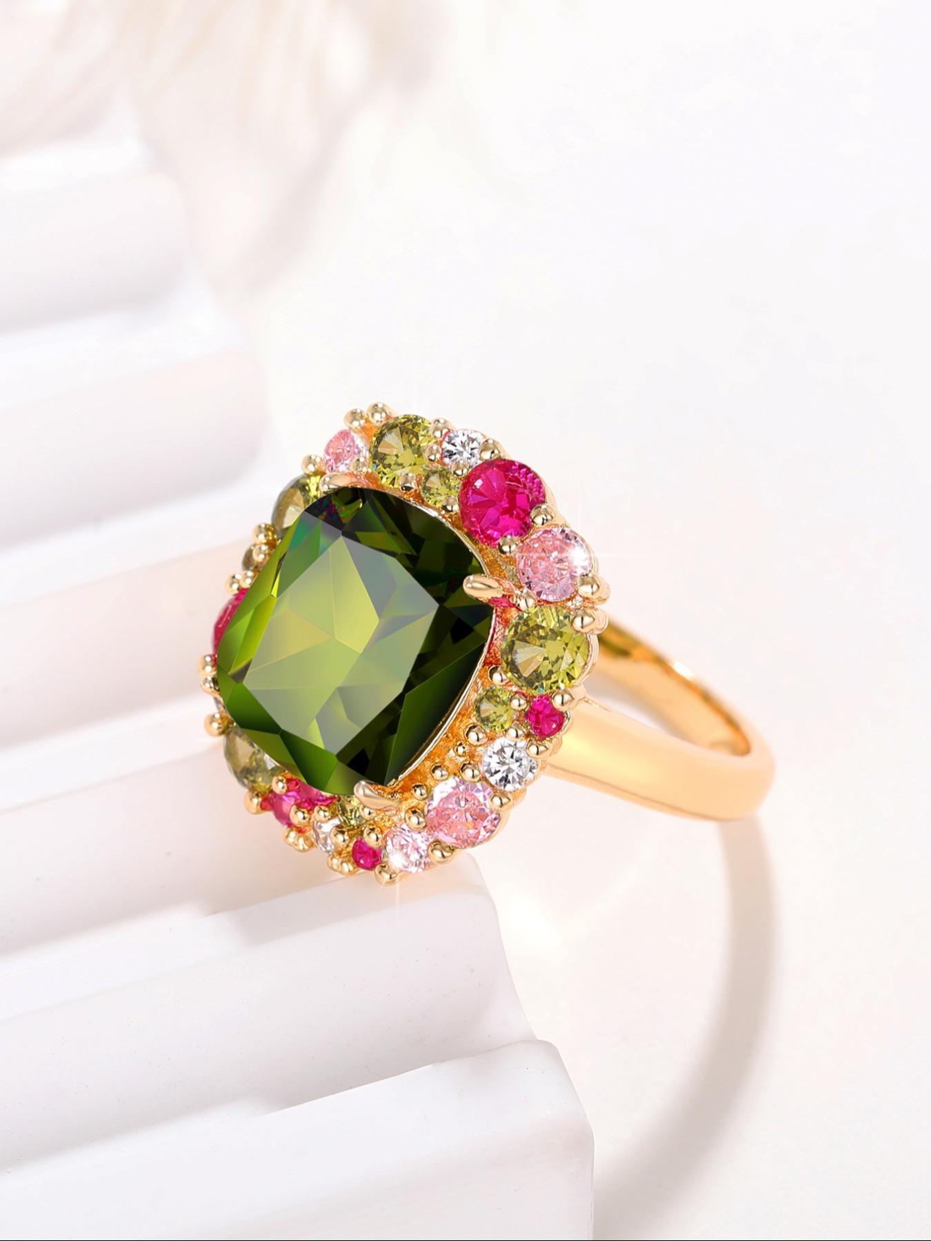 Artificial Zirconia Ring, Elegant Colorful Rhinestone Decorated Ring for Women for Party, Daily Clothing Decor, Trendy & Exquisite Wedding Party Jewelry Gift