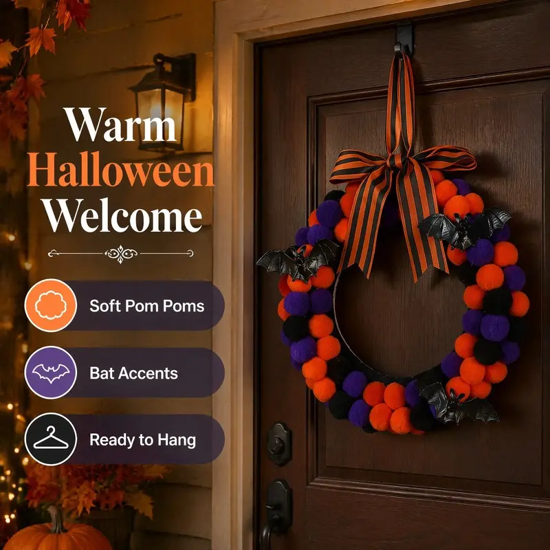 Halloween Wreath with Bat Decorations, Front Door Hanging Ornament, Spooky Holiday Wreath for Home & Party Decor