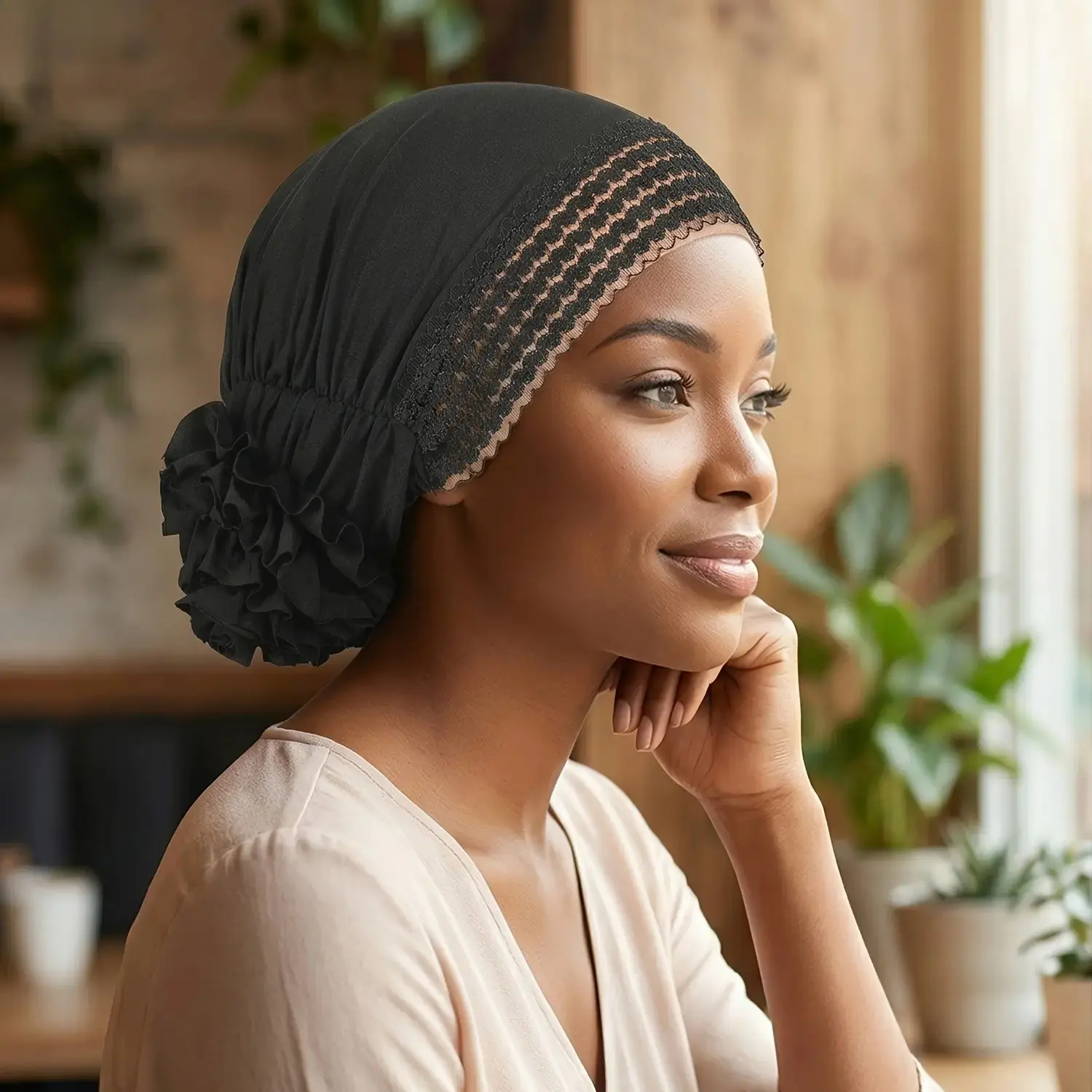 Women's Breathable Lace Head Turban, Elegant 3D Floral Soft Elastic Cap, Modest Chemo Hair Loss Cover, Daily Wear Navy Blue Head Wrap, Chemo Friendly, Modest Cap, Female, Everyday