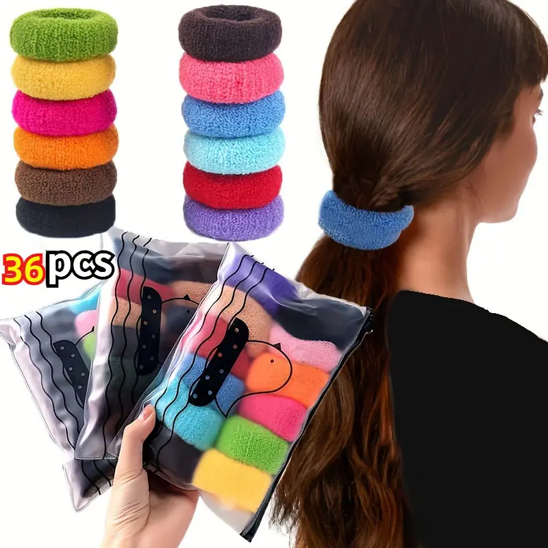 36 Pcs/3 Bags Autumn and Winter Colorful Towel Hoop Elastic Non Damaging Hair Coarse Hair Rope Set for Women's High Tail Maruko Head New Year Party Hair Accessories Gift