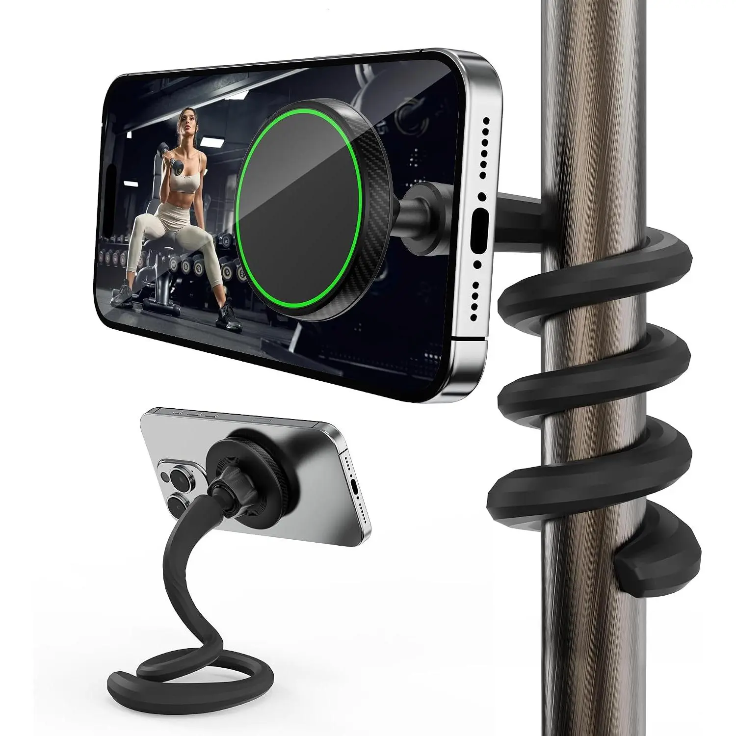 Flexible Metal Gooseneck Phone Holder - MagSafe Compatible, Landscape-Ready Tripod Mount for 17-12 iPhones & Android, Handle-Attachable for Treadmill, Spin Bike, Shopping Cart - Gym Phone Holders & Mounts Accessories, Flexible Arm Phone Holders & Mounts
