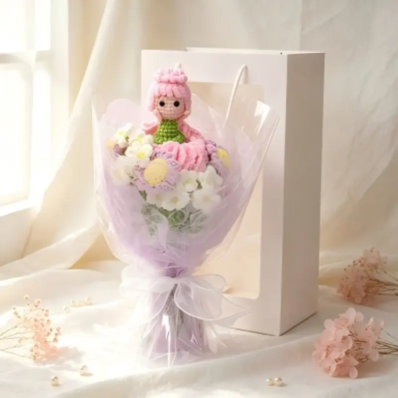 Crochet Doll Flower Bouquet, Handmade Yarn Flowers, Holiday Home Decor Gift, Sash Packaging, Mother's Day Present