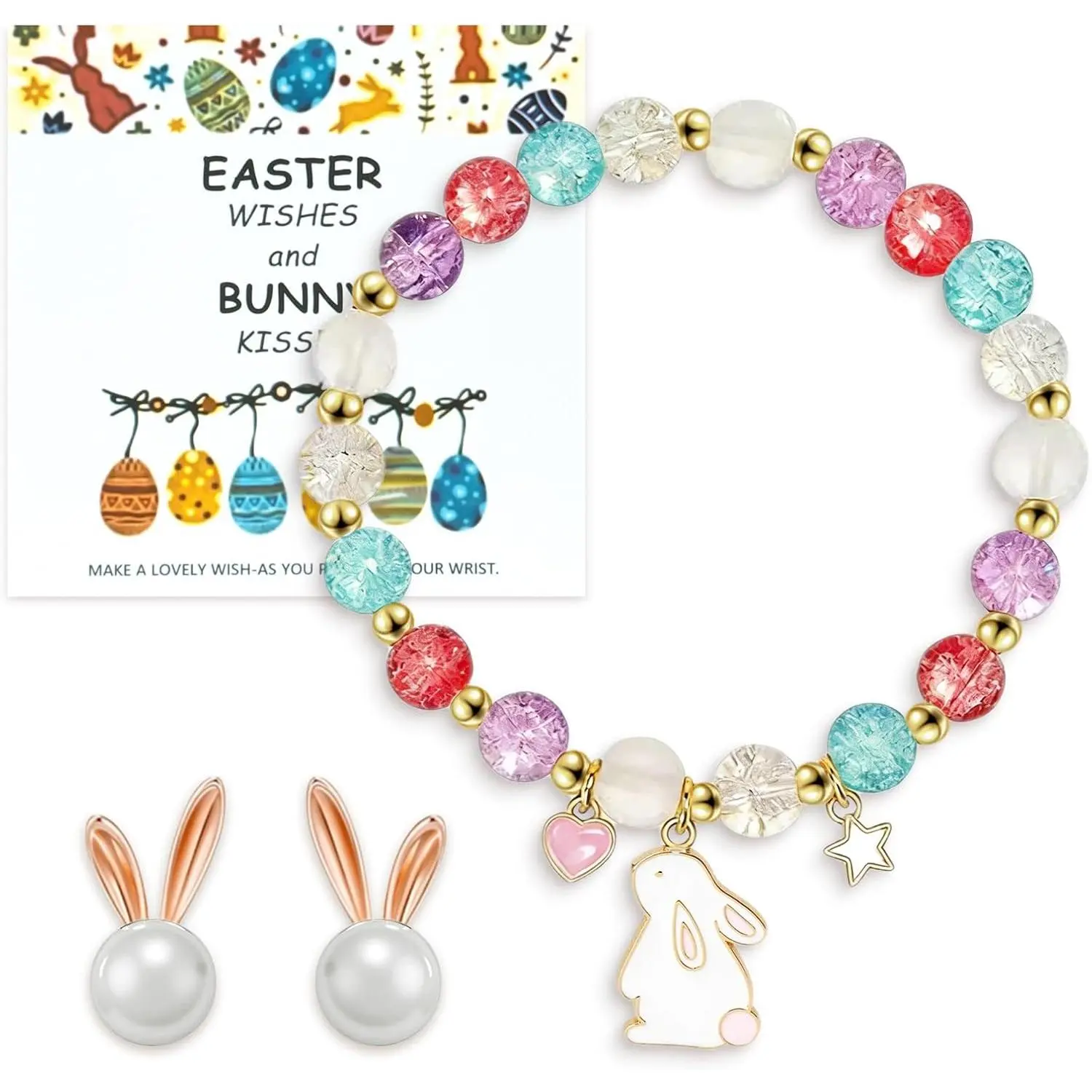 Cute Easter Gifts Bunny Bracelets Earrings for Women Colorful Bunny Bead Stretch Bracelet  Earrings Bracelet Easter  Gifts for Lover