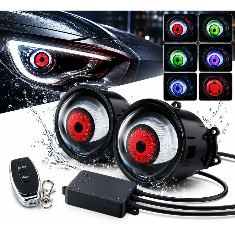OPRAH “Devil Eye” LED Car Headlights - Dynamic Projector Devil Eyes, Upgraded 1.5W, Remote-Controlled 3D Adjustable LED Devil Eye Headlights, Multiple Cool Patterns, Cool Car Accessories, LED Backlight LED Turn Signals, Suitable for Various Vehicles