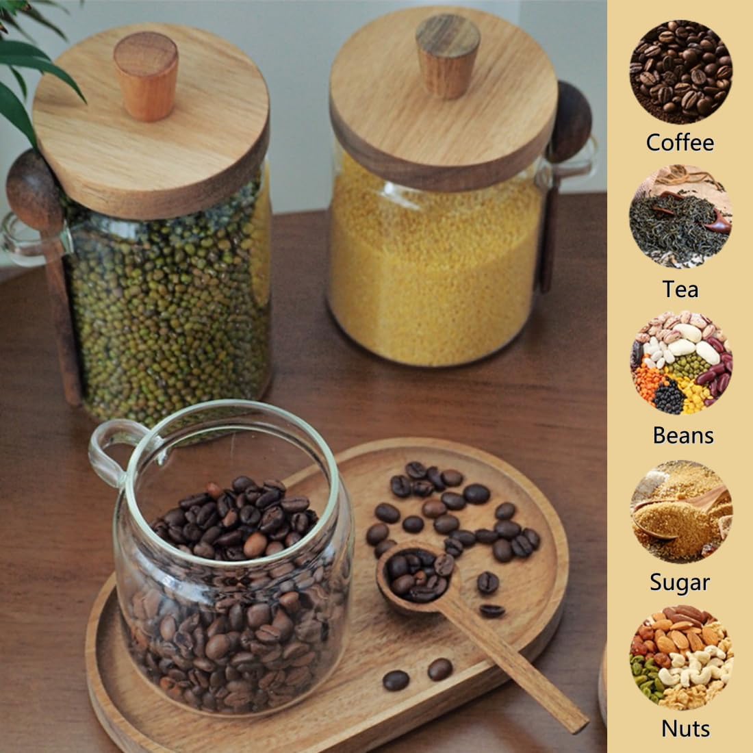 MIUVA Set of 4 Coffee Jars, Tea Canister Glass Food Storage Jar with Wood Lid and Spoon Airtight Sealed Clear Canister Kitchen Storage Jar Container for Coffee Bean Loose Tea Nuts Coffee Sets Stock Up Value Pack Spring Kitchen Gadgets