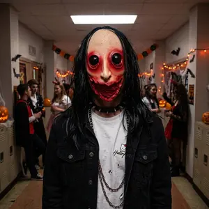 Halloween Long Hair Ghost Mask, Horror Props for Theme Parties, Bloodstain Big Eye Rotten Mouth Headgear, Unisex Realistic Scary Decor
