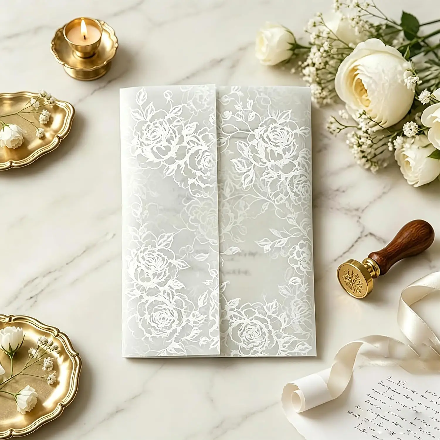 50 count Vellum Jackets for 5x7 Invitations,Invitation Sleeves,115gsm Translucent Wedding Invitations Wraps for Wedding, Birthday Invitation (White Rose)