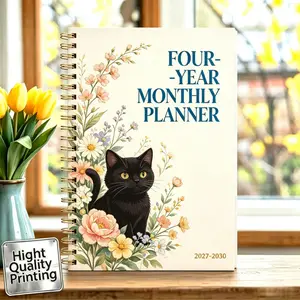 2027-2030 Monthly Planner/Calendar - January 2027 to December 2030, 4-Year Monthly Planner, Black Cat and Floral Theme Cover Design Notebook, Annual Calendar Planning, Monthly Tabs, 48-Month Calendar, 5.5 x 8.3 inches Thick Paper, Elastic Cover, Durable D