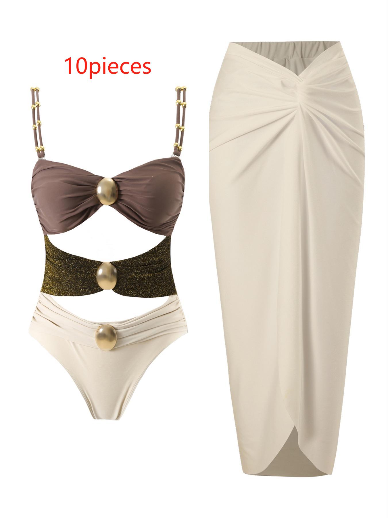 Women's Cut Out Ruched One-piece Swimsuit & Knot Side Cover Up Skirt Set, Solid Sleeveless Swim Top & Cover Up Skirt, Ladies Swimsuit for Beach Holiday Vacation, Swimsuit Cover Ups