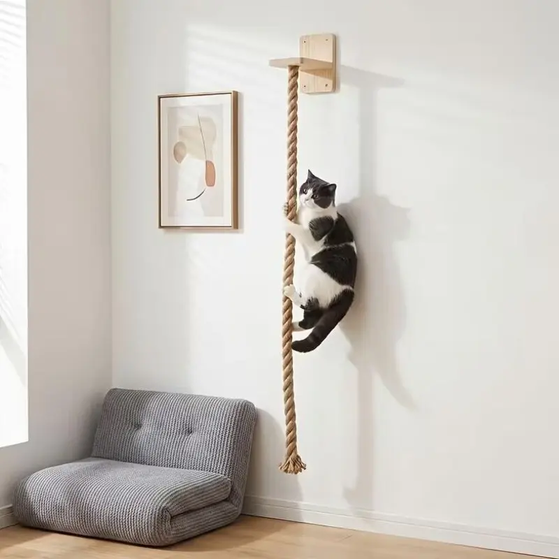 Minimalist Solid Wood Wall-Mounted Cat Climbing Hemp Scratching Rope, Cute Vertical Durable Cat Scratch Post, Space-Saving Modern Home Pet Decor, Scratching Posts, Vertical Scratcher