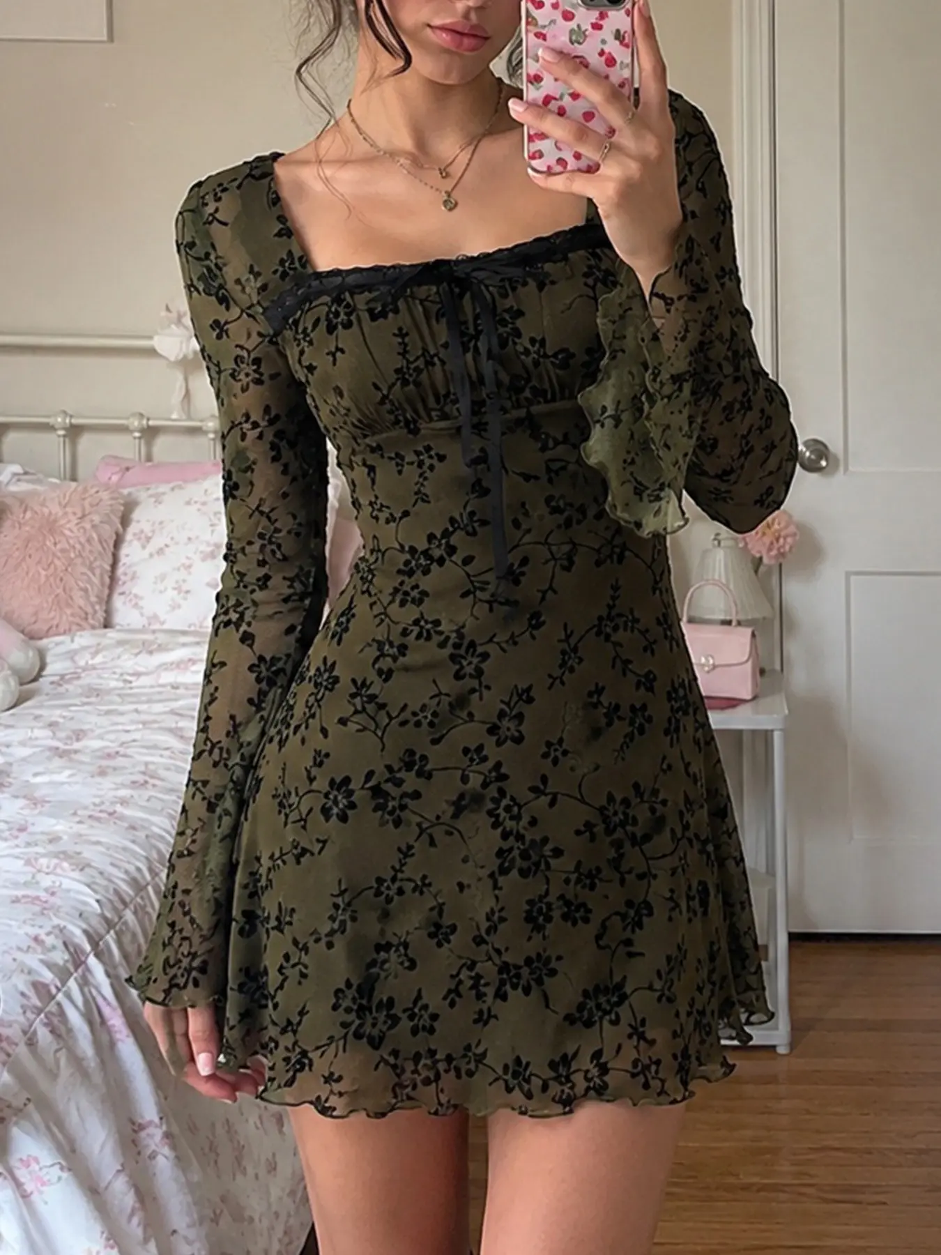 Floral Print Lace Patchwork Mesh Two-Layer Dress, Y2K Square Neck Long Sleeve Vintage Grunge, Fall Winter Vacation Dress for Women, Lace Insert Dress