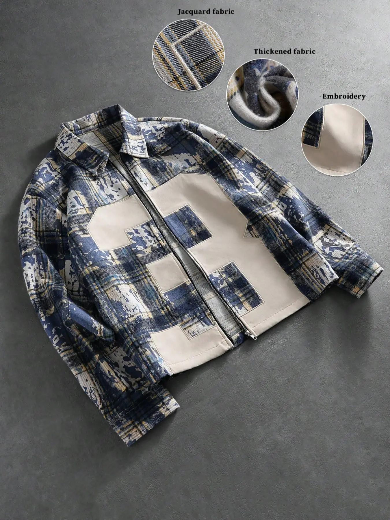 Unisex Thick Jacquard Fabric Distressed Plaid Collar Zip-Up Outerwear Jacket with Faux Leather Patch Number 23 American Varsity Vintage Workwear Coat Everyday
