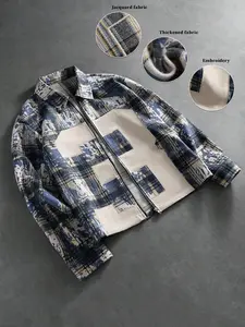 Unisex Thick Jacquard Distressed Plaid Collar Zip-Up Jacket with Faux Leather Patch Number 23 American Varsity Vintage Workwear Coat