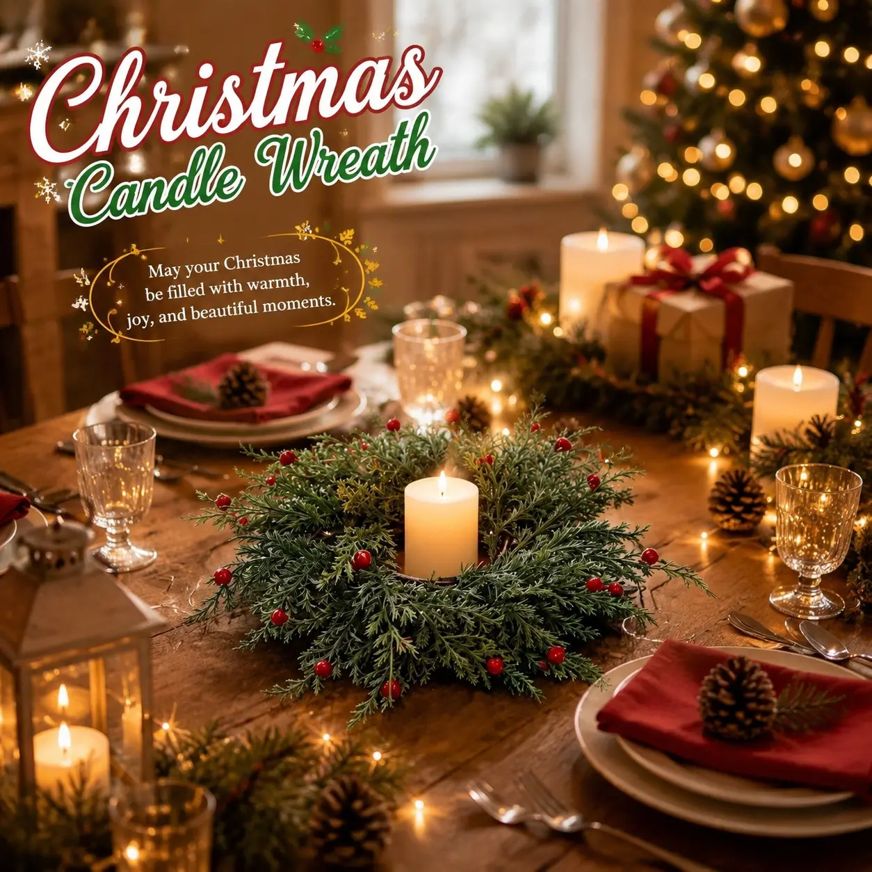 6pcs Mini Artificial Cypress Red Berry Christmas Candle Wreath, Candlestick Table Centerpiece Ring, Farmhouse Table Layout, Christmas table decor, Floral Ornament for Christmas Eve & New Year Holiday
