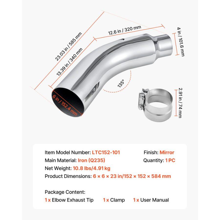 VEVOR Elbow Exhaust Tip, 4 Inch Inlet, 6 Inch Outlet, 23 in Overall Length, Chrome Turn Down Exhaust Tip with Clamp for Truck, Sedan, Sports Car, SUV, Chrome Structure for High Temperature Resistance