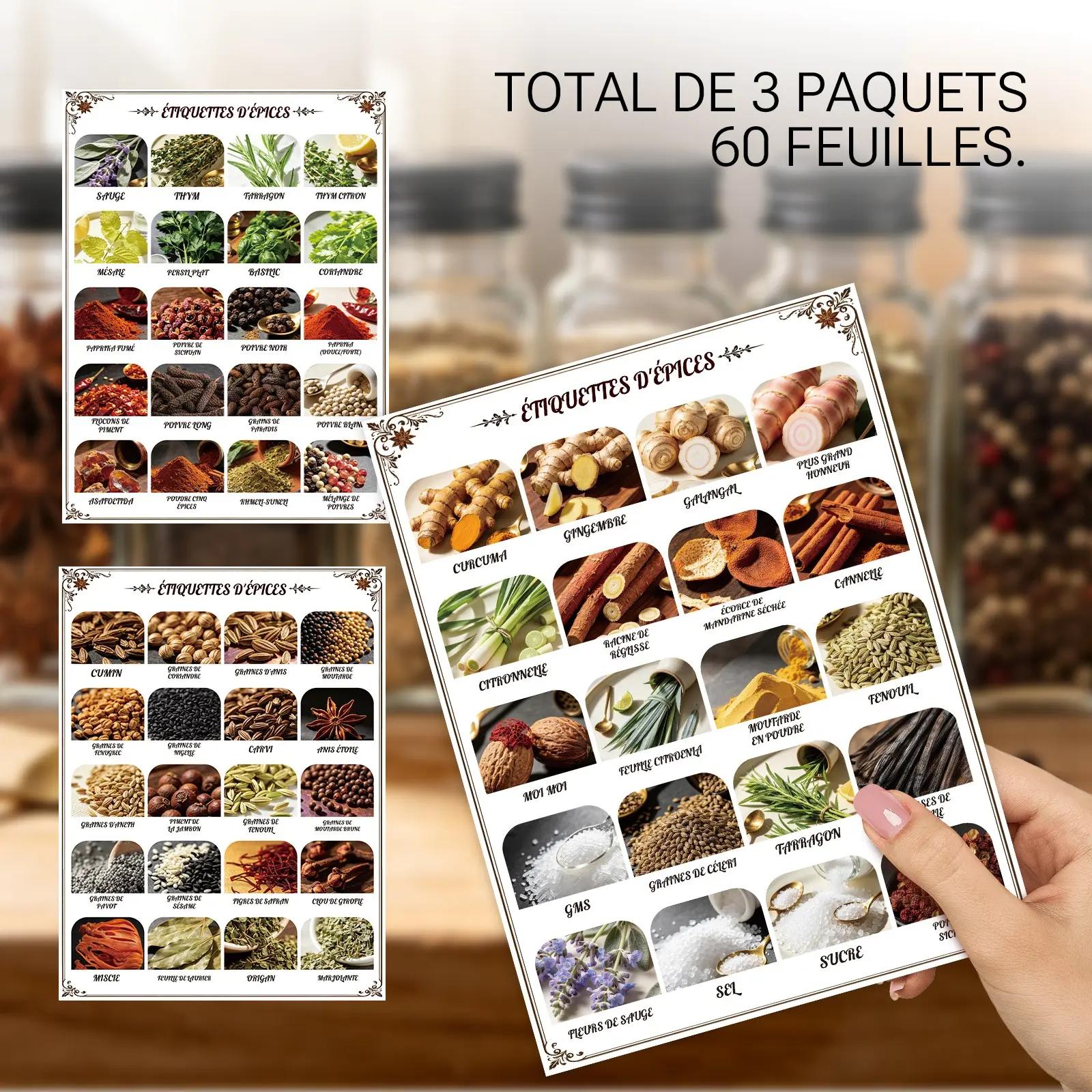 French Text Spice Jar Vinyl Label Stickers, 60Pcs Herb & Seasoning Tags, Waterproof, Scratch Resistant, Durable, Removable Without Residue