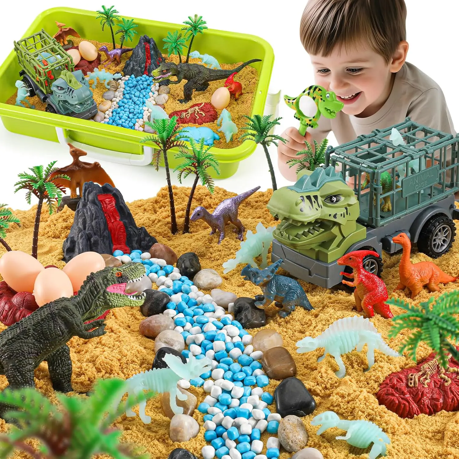 Dinosaur Sensory Bin Toys,Play Sand Art Kit with 2.2lbs Sensory Play Sand,Glow in The Dark Dinosaurs,Dino Magnifying Glass and Sandbox,Learning Toys for Kids Ages 3 4 5 6 7 8fidget toys