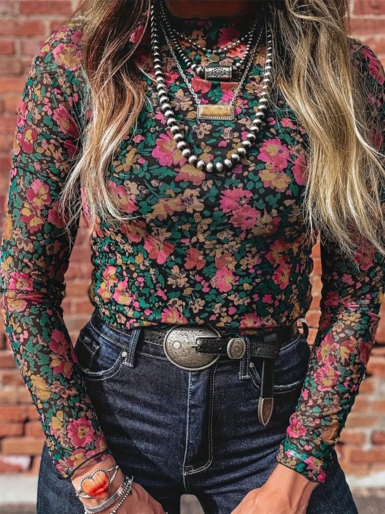 Women's Floral Print Sheer Mesh Long Sleeve Top, Boho Print Blouses, Half High Neck Side Pleat Slim Fit, Vintage Western Style, Casual for Lunch Dates