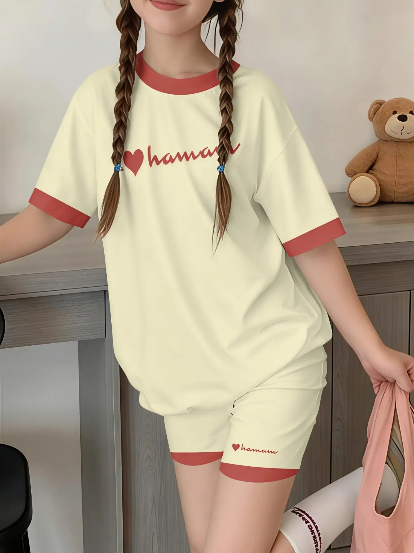 Off White Contrast Red Cuff Heart Script Girls 2 Piece Summer Play Set Lightweight Wrinkle Resistant Comfort Outfit For Pre Teen Girls Mall Trip Park Picnic Sleepover Outfit Trending LA Preteen Girl Essential