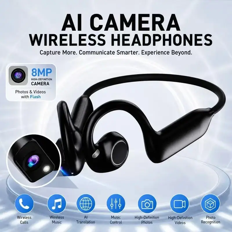 Outdoor intelligent camera headset, 8-megapixel camera, software stable, 5 video durations (1-10 minutes) adjustable through APP, full memory automatic saving, white flash for taking photos/white breathing for video and audio flash photography