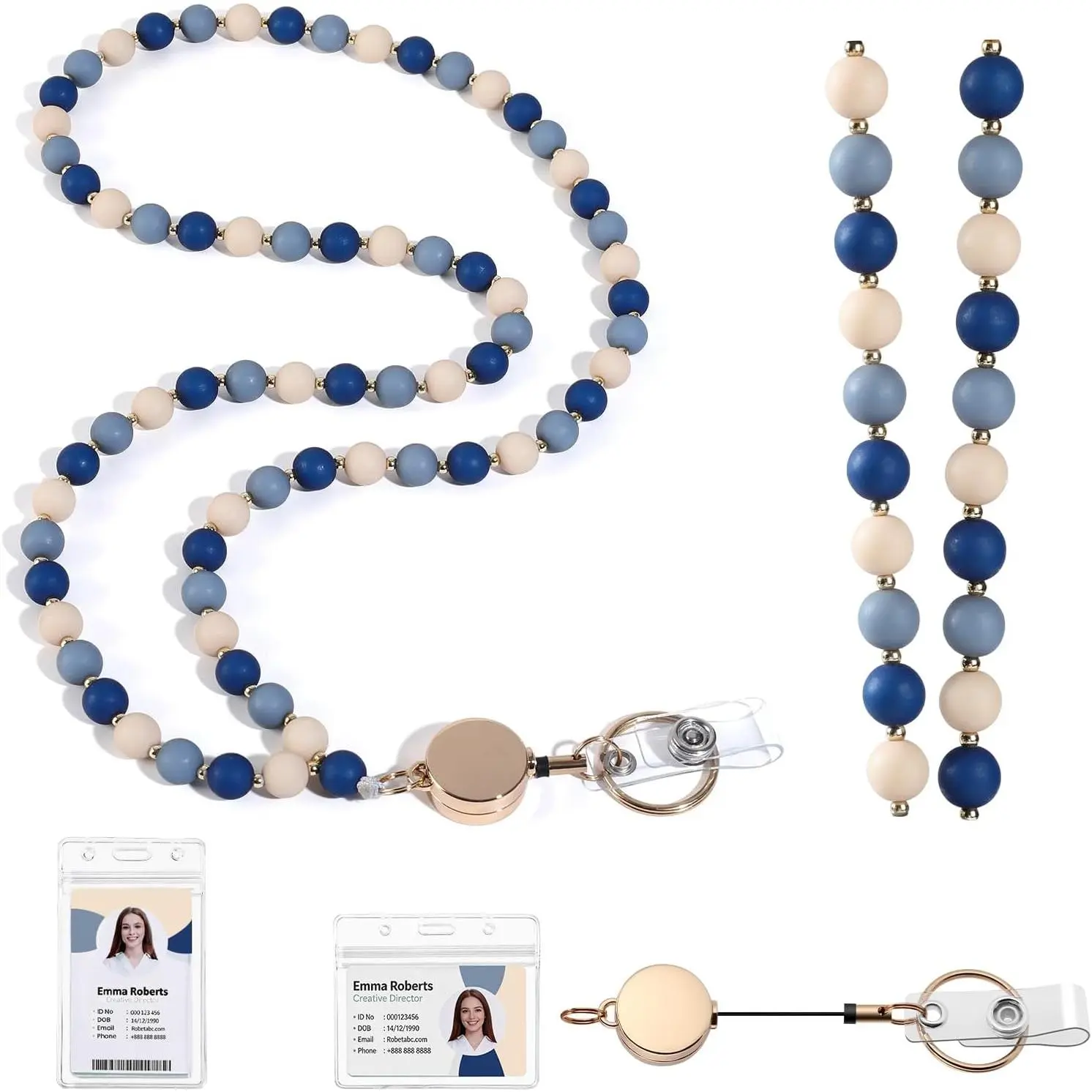 Lanyards for ID Badges and , Elegant  Beaded Teacher Lanyard | Retractable Cruise Lanyard with Badge Reel and ID Holder for , Office & Travel, Navy Blue Blend