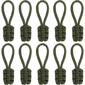 10 count Zipper Pulls Replacement Universal Nylon Zipper Repair Kit Zipper Slider Pull Tab Zipper Fixer Metal Zipper  Hand Woven Pull Rope Zipper Handle Cord Pull Tab, Dark Olive Green