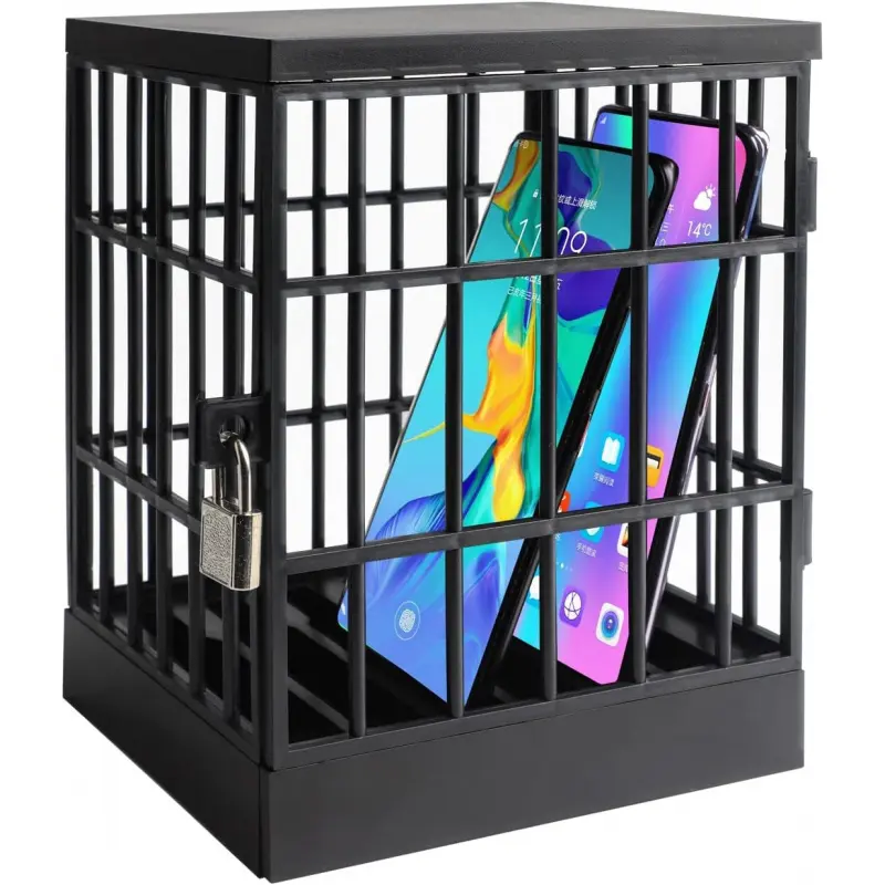 Sturdy Cellphone Jail with Lock and Keys - Mobile Device Accessory, Phone Holder Mount, Classroom/Home Storage Gadget, Family Time/Party Fun Novelty Gift (Black)
