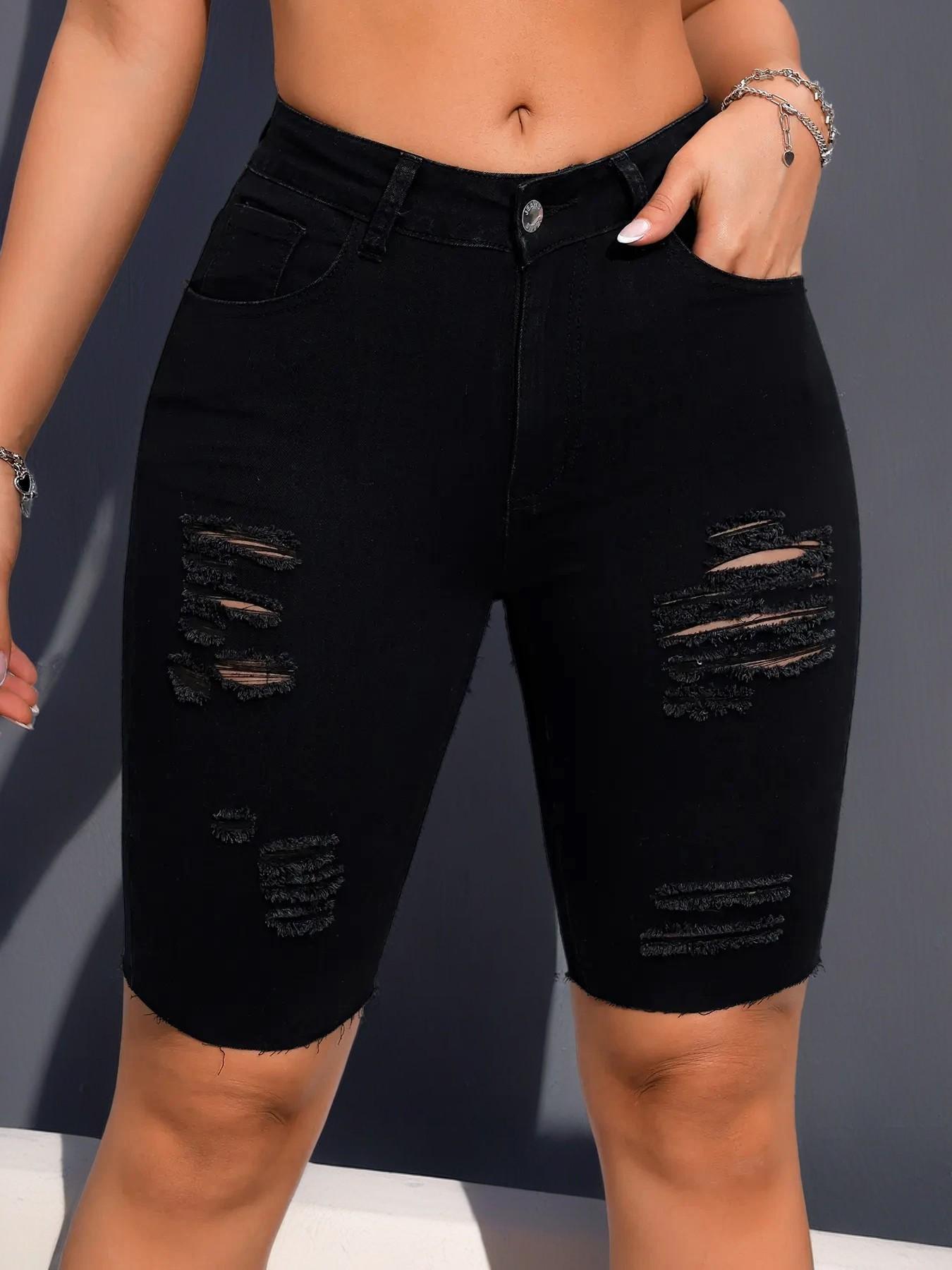 Women's Ripped Button Pocket Distressed Denim Shorts, Fashion Basic Casual Stretchy Short Jeans for Daily Outdoor Wear, Ladies Skinny Bottoms for Summer, Casual Jorts Shorts, Womenswear, Casual Relaxed Shorts