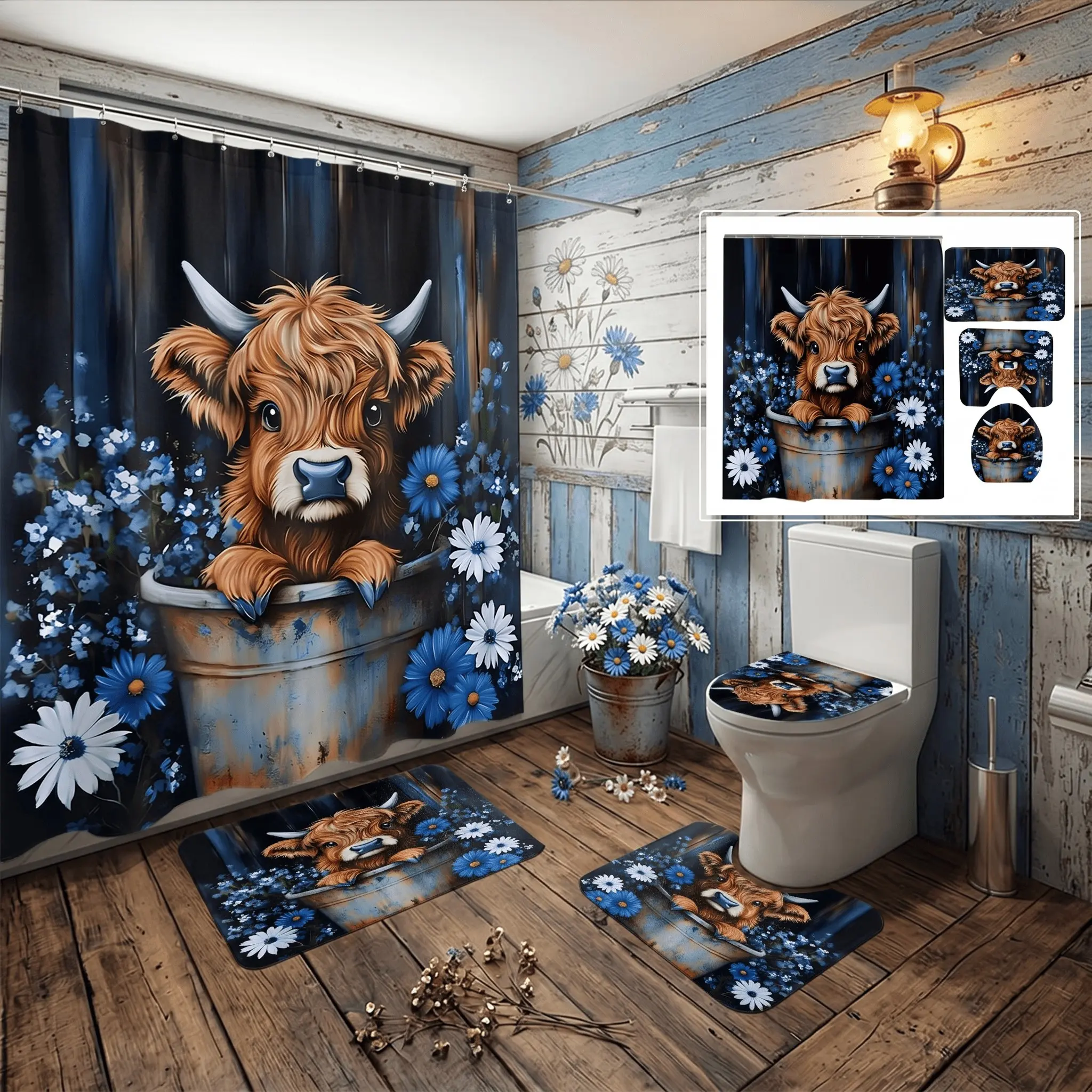 4pcs Fluffy Highland Cow Bathroom Set, Shower Curtain and Rugs, Floral Blue Daisy, Farmhouse Style, Rust Metal Bucket, Holiday Gift Decor The floor mat fabric is thicker and softer!
