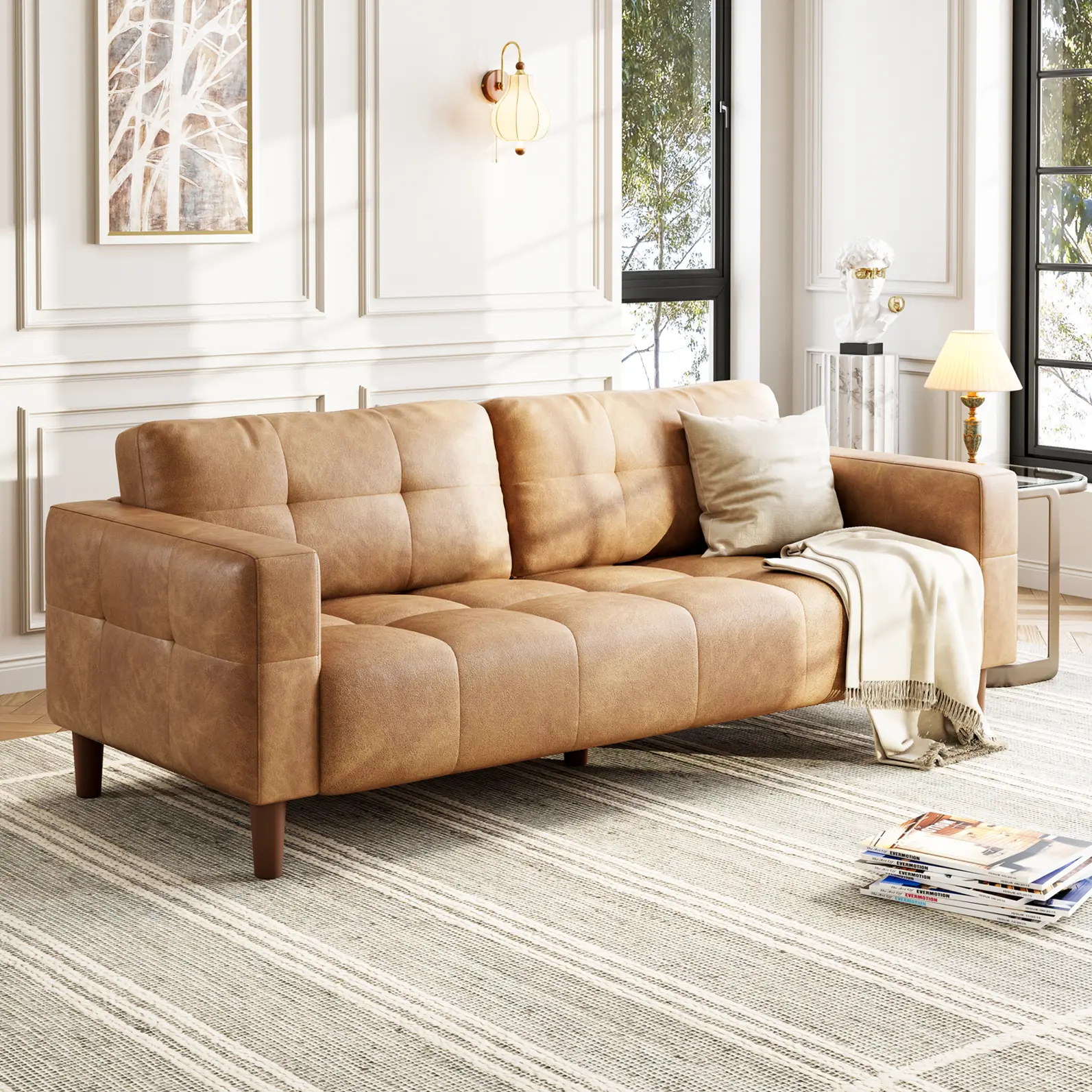 GAOMON 83-Inch Rectangular Faux Leather Sofa, Mid-Century Modern 3-Seater Couch for Living Room, Easy-Clean PU Leather, Deep Seat, 800lbs Capacity, Brown/Orange, Sturdy Wood Legs