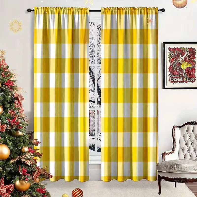 2 Piece Polyester Geometric Curtain Set, Checkered Pattern Rod Pocket Drapes, Bedroom and Living Room Decor