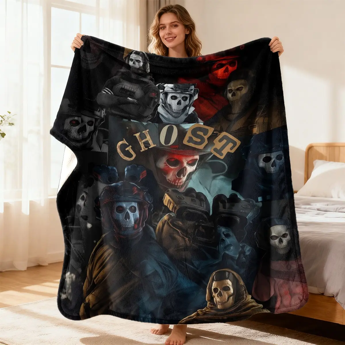 Ghost Theme Call of Duty Flannel Throw Blanket - Retro Vintage Game Print, Fading Proof, 1-Piece Soldier Collage Art, Warm Tactical Blanket for COD Simon Riley Fans, Bedding Gift for Gamers All Ages, One-Piece
