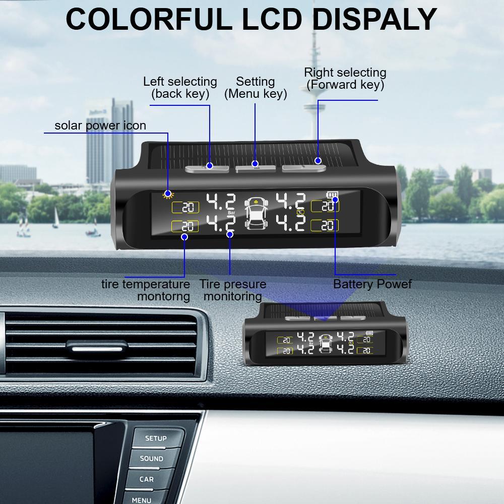 Solar-Powered Car Tire Pressure Monitoring Tool, LCD Digital Display Tire Pressure Gauge with Replacement Valves