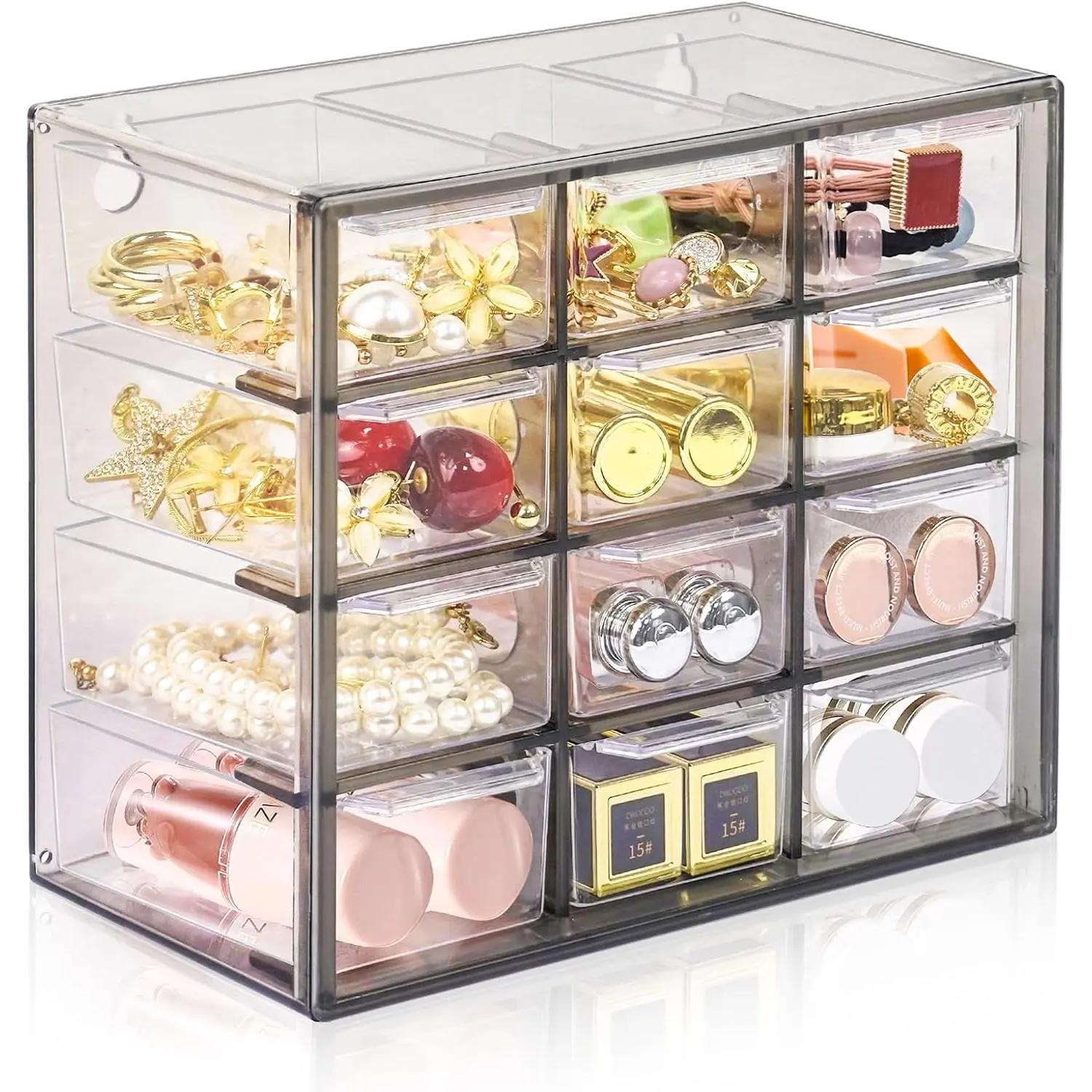 Desk Storage Organizer with 12 Mini Drawers, Clear Desktop Craft Drawer Cabinet, Stackable Storage Box  for Makeup  Office Craft Supplies (Grey)