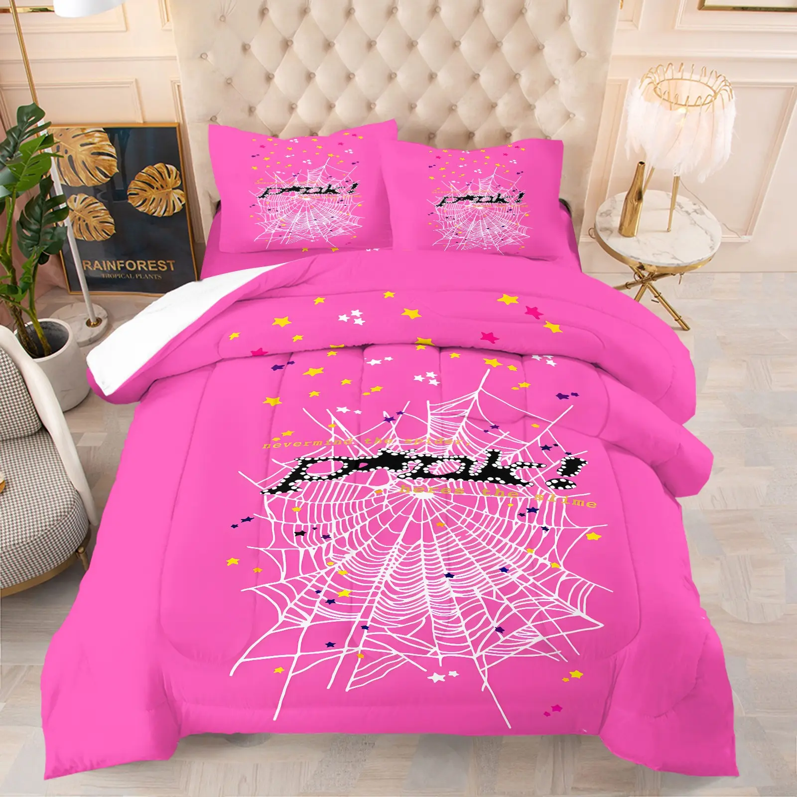 Hot Pink Spider Web Punk Print Comforter Set, 1 Quilt + 1-2 Coreless Pillowcases, Y2K Sweet Cool Street Style Bedding, Soft Warm, Perfect for Hypebeast or Youth Bedroom Dorm Gaming Room Decor, Ideal Gift