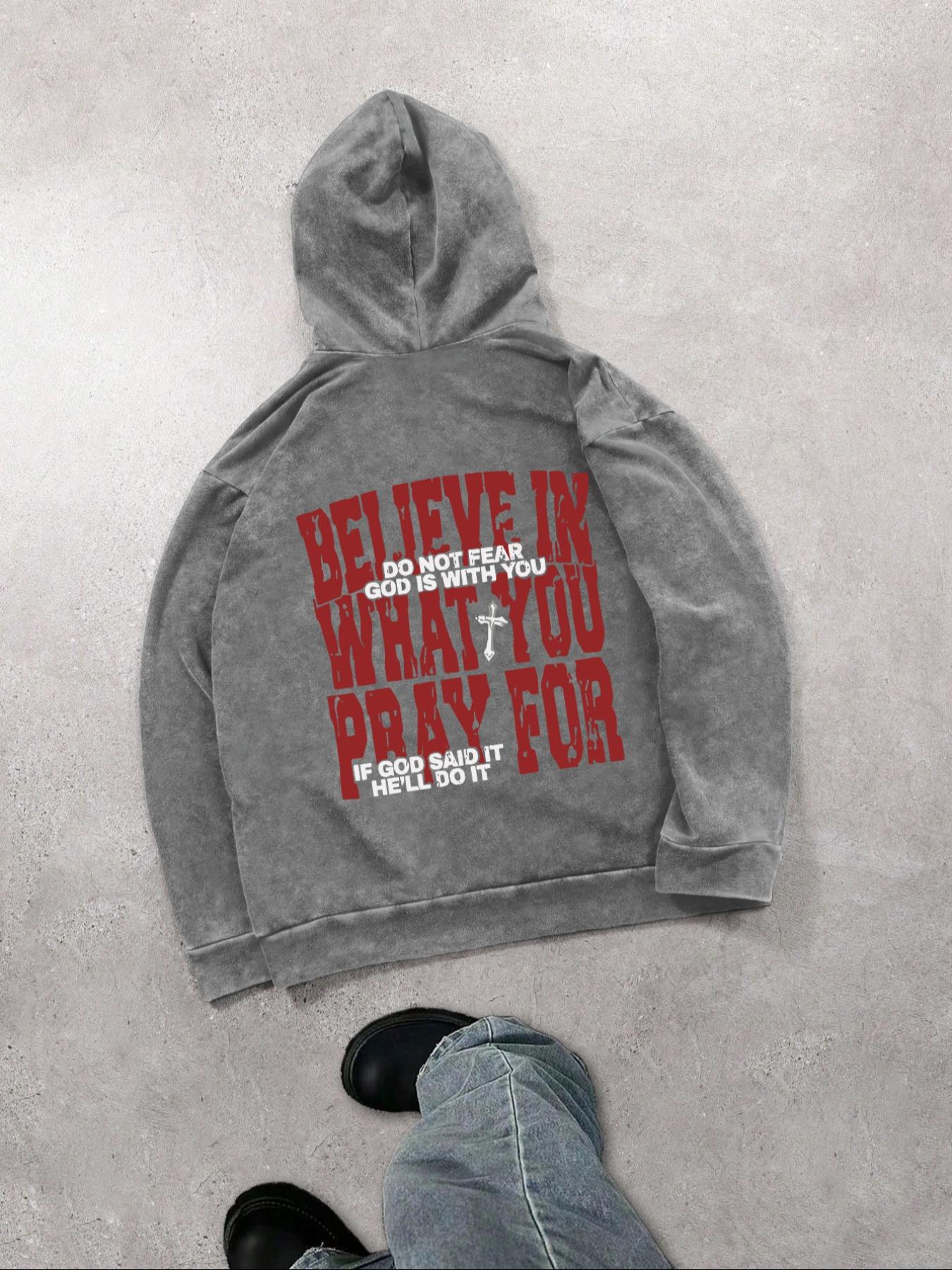 Men's Street Style Graphic Print Washed Distressed Drawstring Hoodie, Casual Comfy Long Sleeve Kangaroo Pocket Design Hooded Sweatshirt for Daily Wear