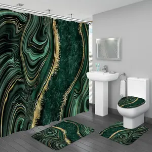 4PCS Emerald Green Marble Bathroom Set with Shower Curtain, Bath Mat, Toilet Lid Cover & U-Shaped Rug, Dark Green Shower Curtain Set for Bathroom