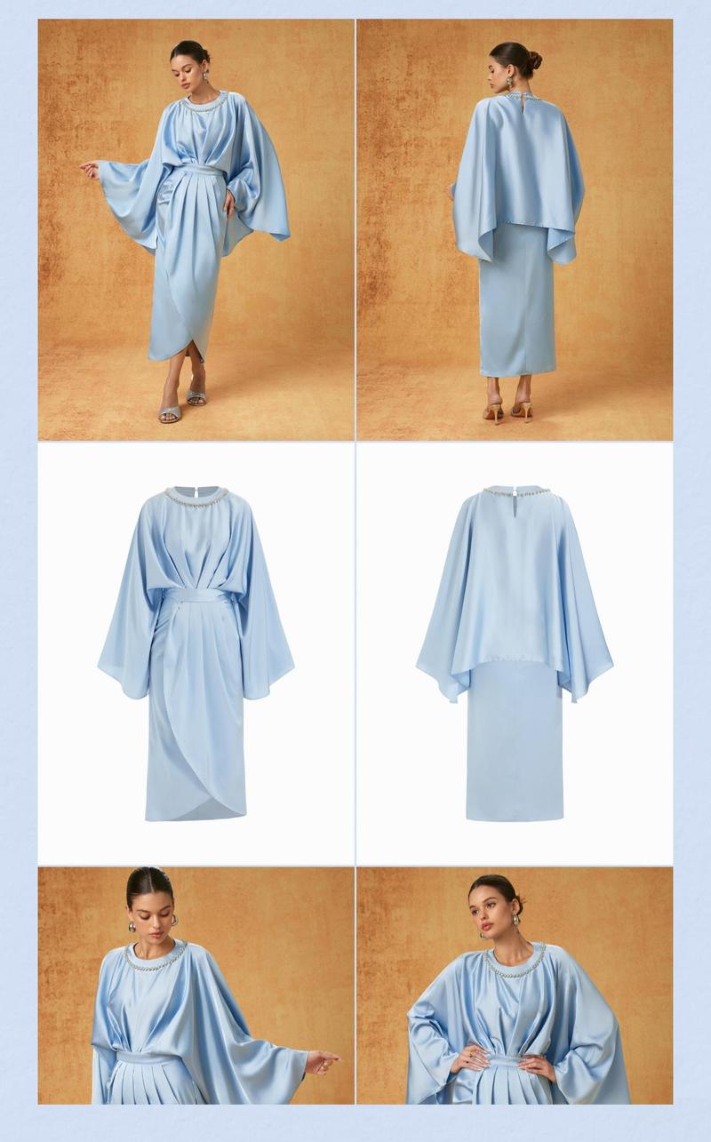 Cider Satin Batwing Sleeve Asymmetrical Hem Rhinestone Maxi Dress